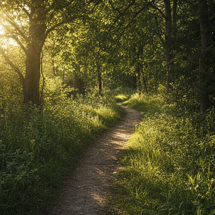 A dirt path through a sunlit forest