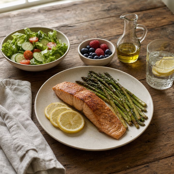 Salmon with asparagus, a green salad, berries, and olive oil on a wooden table