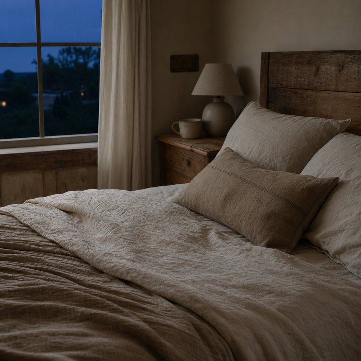 A made bed under a window at dusk